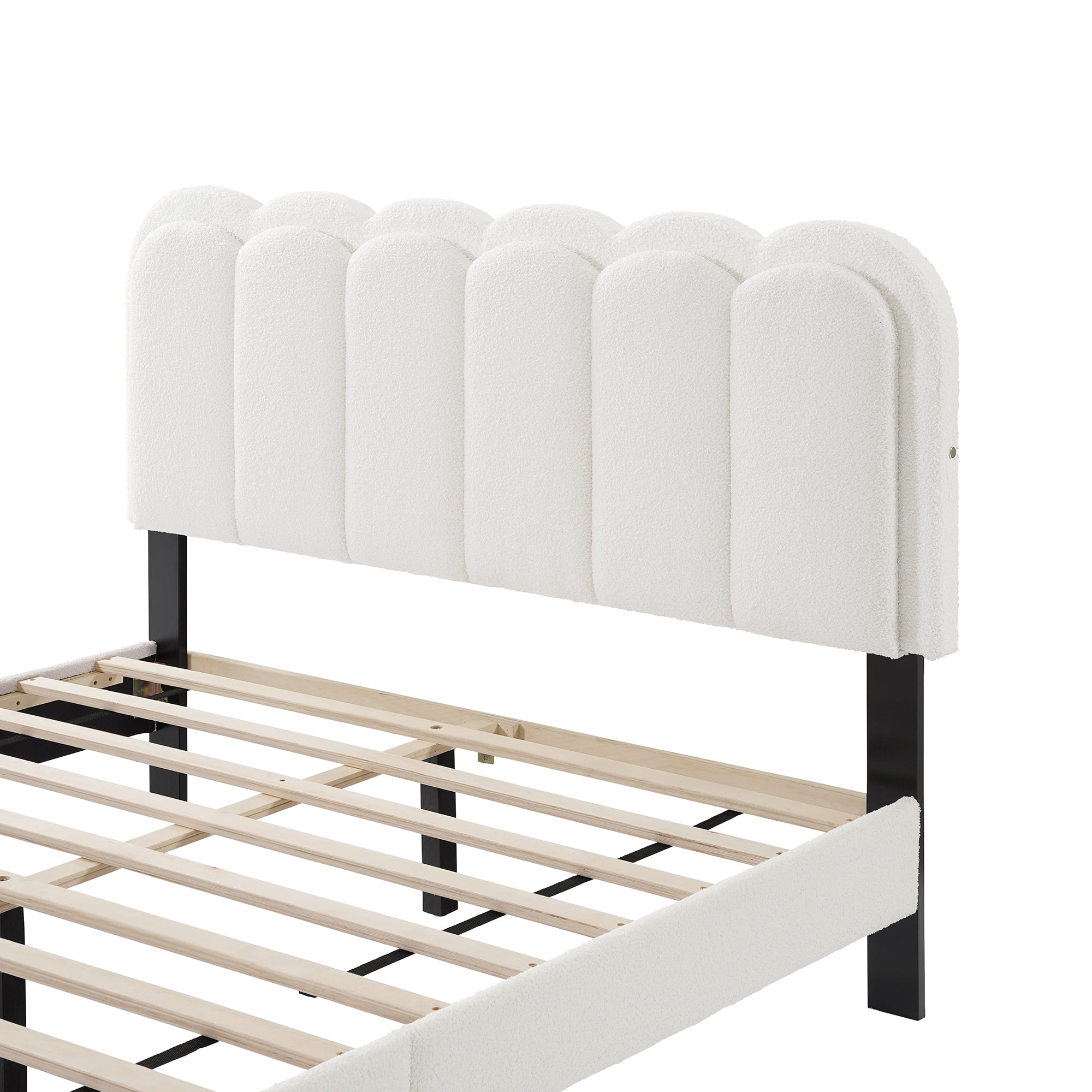 Mintazer Full Size Upholstered Platform Bed Frame with Scalloped Tufted Headboard and LED Light, Boucle Bed for Bedroom, No Box Spring Needed, White