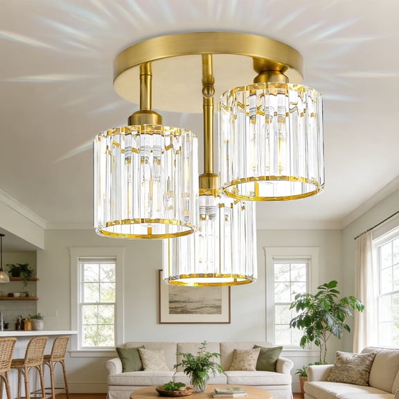 Crystal Semi Flush Mount Ceiling Light, 3-Light Close to Ceiling Light Fixtures, Modern Light Fixtures with Clear Crystal Shade, for Hallway Foyer Entryway Bedroom Kitchen, Gold