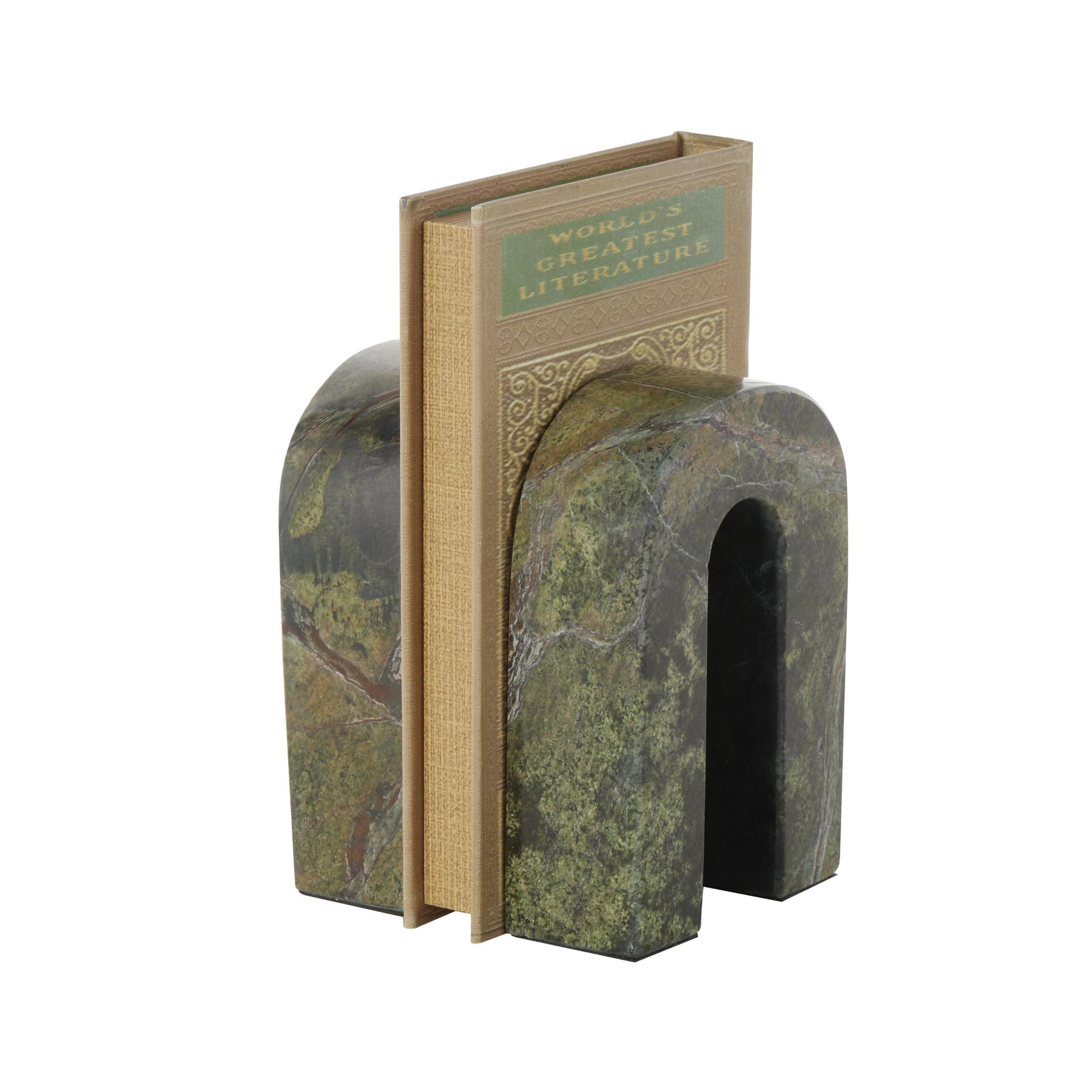 DecMode 4" Arched Geometric Green Marble Bookends (Set of 2)