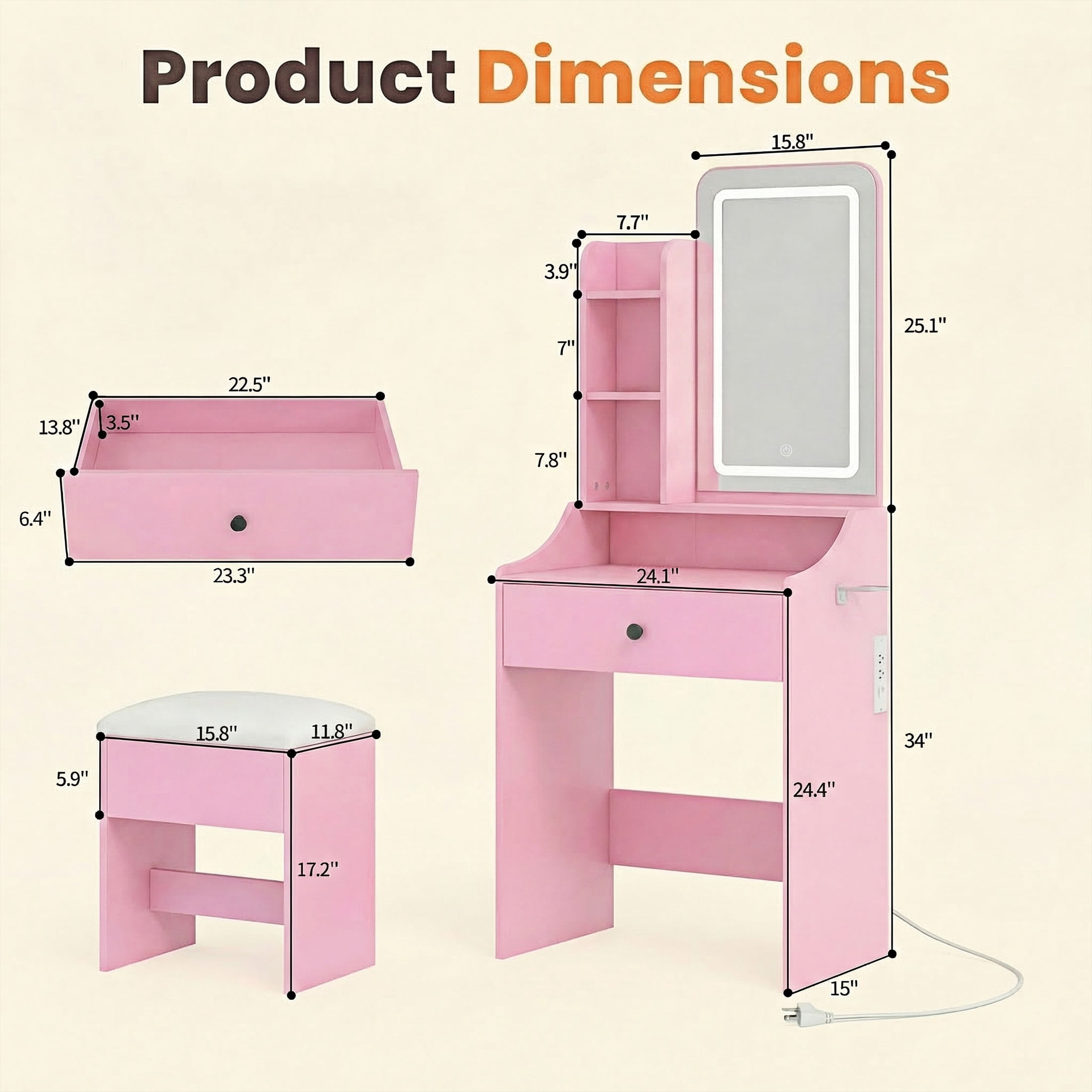 EDX 24" Makeup Vanity Table and Chair Set,  Modern Vanity Desk with Mirror,  Power Outlets&3 Lighting Modes,  Pink