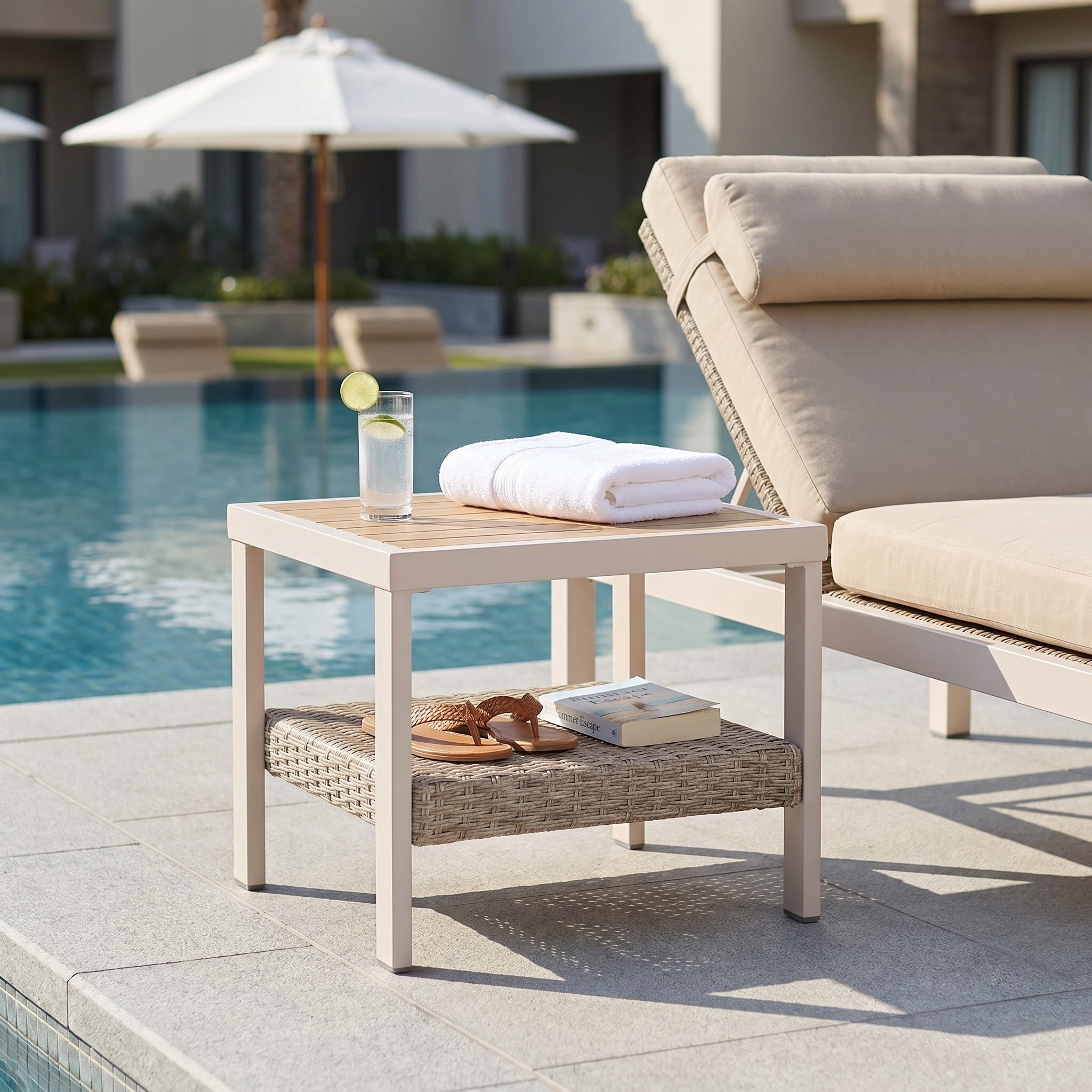 Nordic Hygge Minimalist Modern Patio End Table – Rust-Resistant Powder-Coated Finish – Bone