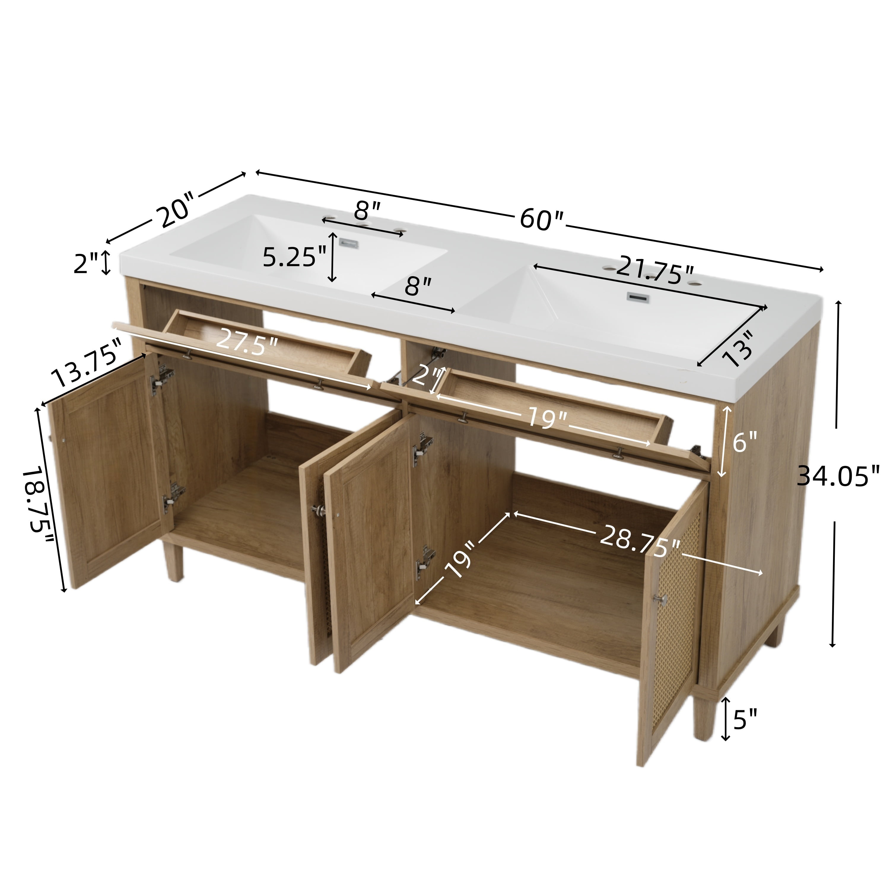 Euroco 60 Inch Bathroom Vanity with Double Sink ( SMC Sink ), Large Storage Space with 2 Tip-Out Trays / Flip-Out Drawers and 4 Soft Closing Doors,Wood Color