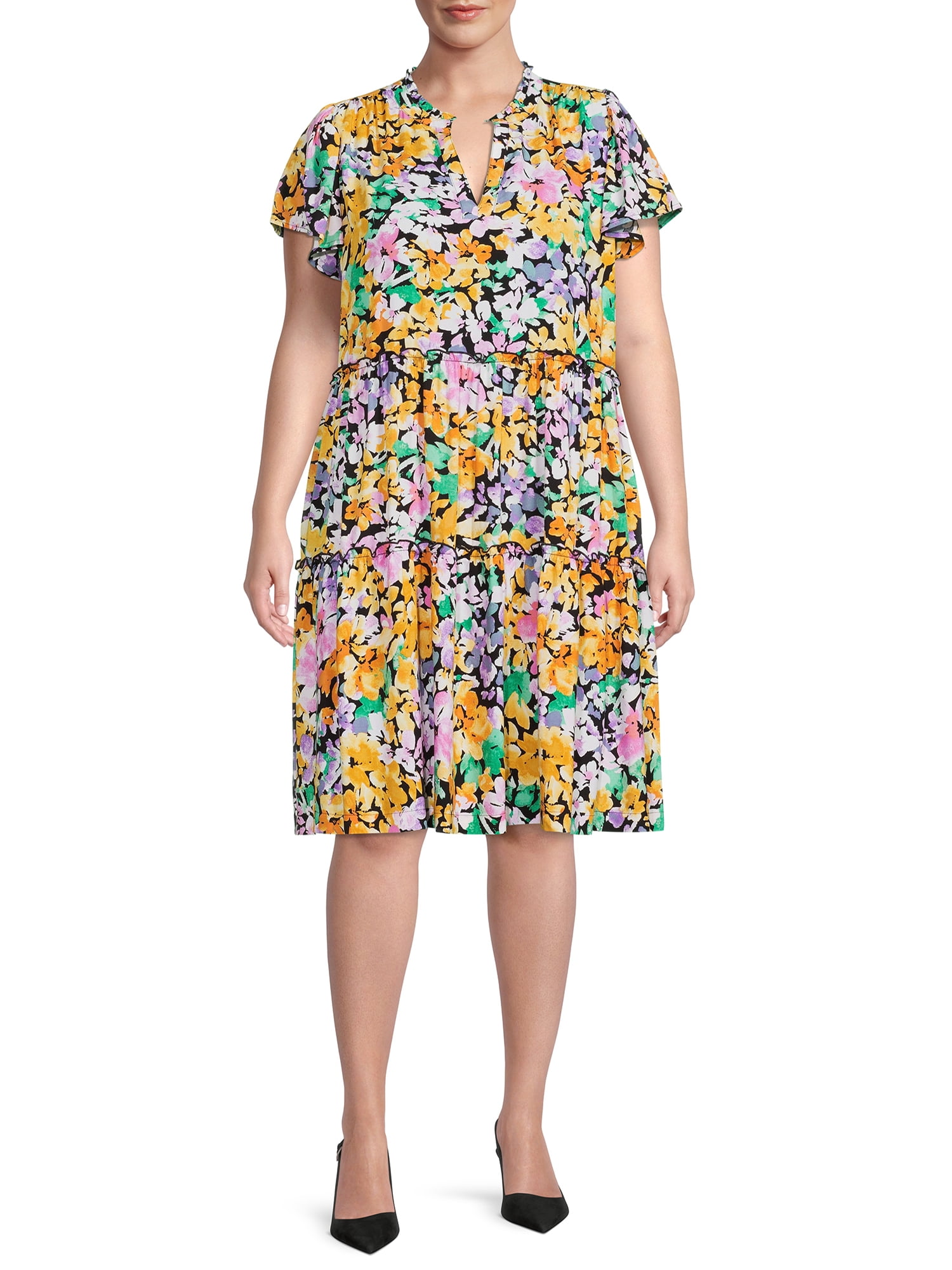 Terra \u0026 Sky Women's Plus Size Floral Tiered Dress with Short Flutter Sleeves, Size: 2XL, Multicolor