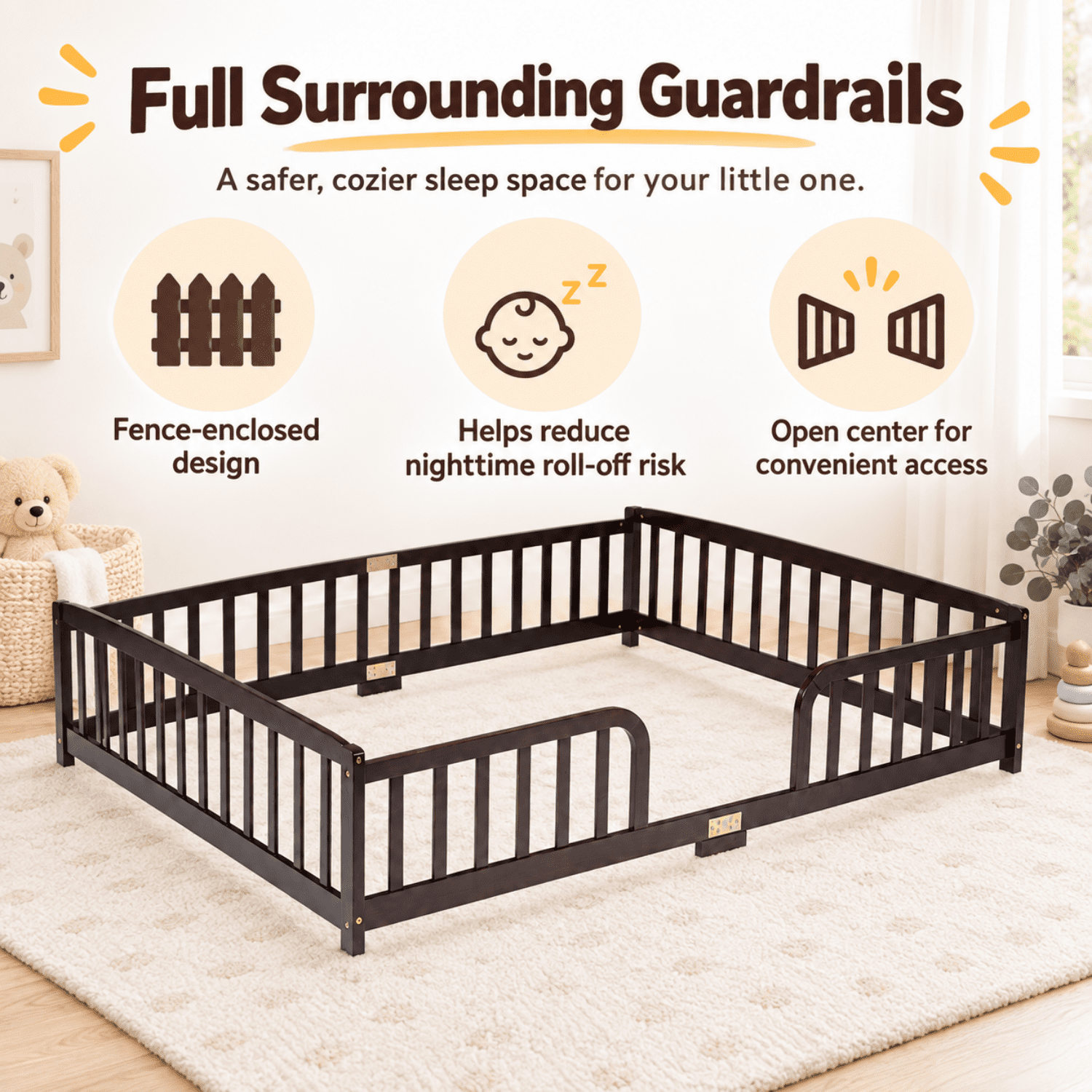 Miniyam Queen Size Kids Floor Bed with Guardrails, Low-to-Ground Montessori Wood Bed, Espresso