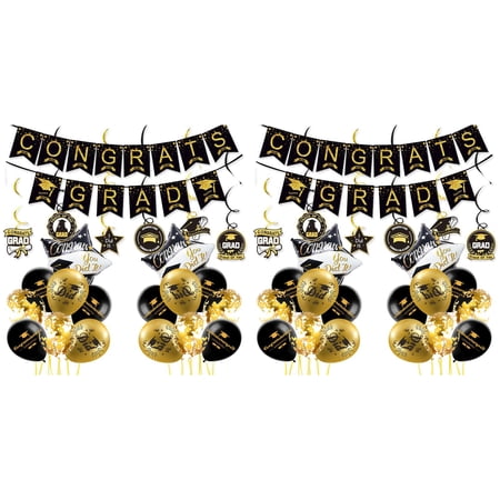 SMKE Grad Celebration Decor Grad Event Supplies Graduation Party Pack 2026 Grad Decor Pack Black & Gold Graduation Party Decor Kit 2026 Banner & Garland Set for School Home Celebration (2-Pack)