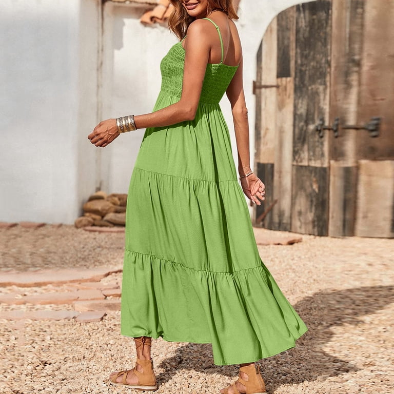 Julmcomo Summer Dresses for Women Smocked Square Neck Spaghetti Strap Comfy Flowy Dresses A Line Ruffle Casual Sundresses Green S, Women's, Size