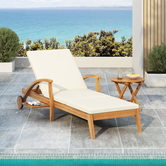 Miekor Furniture Chaise Lounge With Wheel - Acacia Wood Recliner For Patio/Garden, With 2Inch White Cushion, 4-Position Adjustable Backrest, Versatile Outdoor Furniture 58974