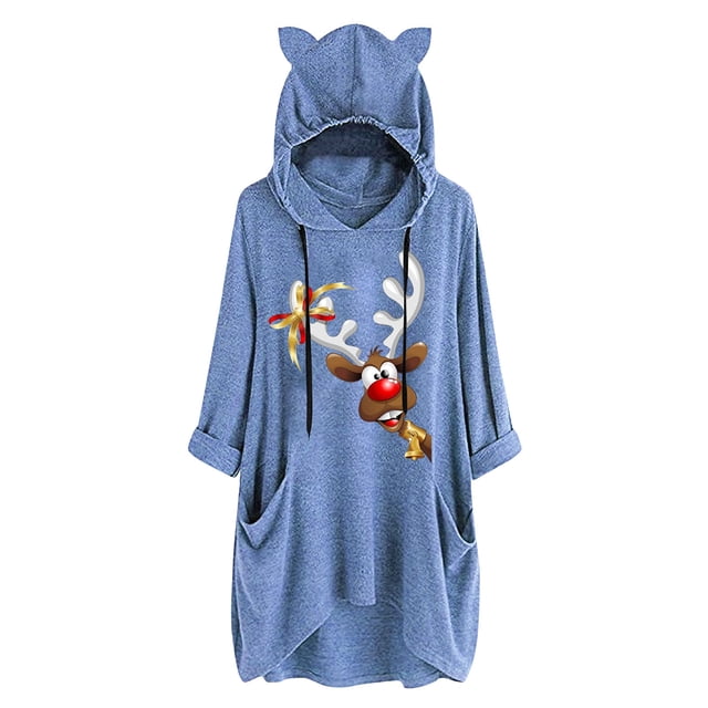 Top de manga larga con cuello redondo y capucha para mujer con estampado navideño y bolsillo suelto para mujer Pompotops FGAJ11136