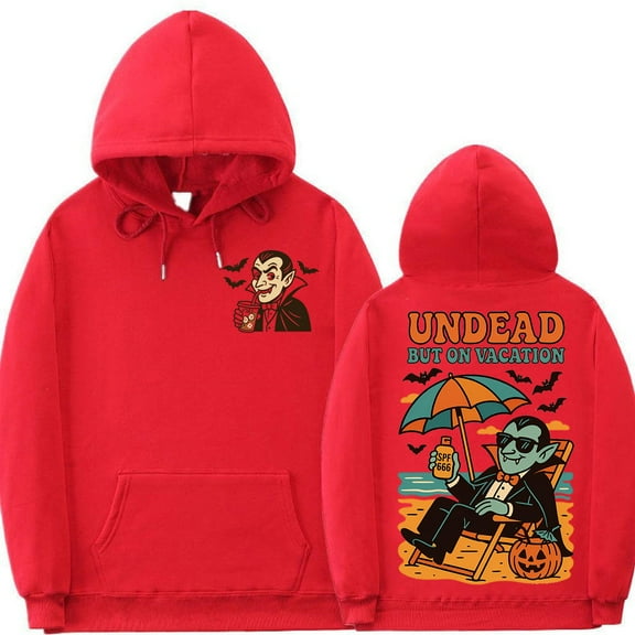 Unisex Hoodie with Dracula Pattern "Undead But On Vacation" - Fun Halloween Style for Men and Women.
