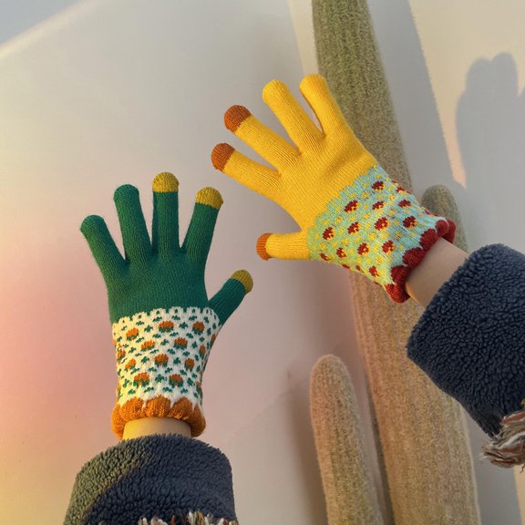 HEVIRGO 1 Pair Jacquard Pattern Patchwork Color Unisex Gloves Winter Thickened Fleece Lining Knitting Gloves