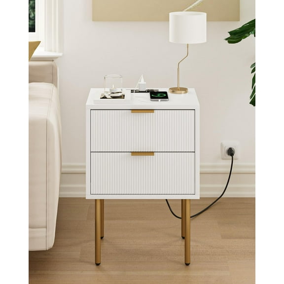 Nightstand with Charging Station, Mid-Century Modern Bedside Table with 2 Storage Drawer, Small Gold Frame Side End Table for Bedroom, Living Room (White)
