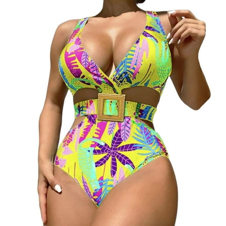 GWAABD Swimsuit for Women One Piece Monokini High Waisted Swimwear Tropical Leaf Print Bathing Suit High Cut Swimsuit Yellow S
