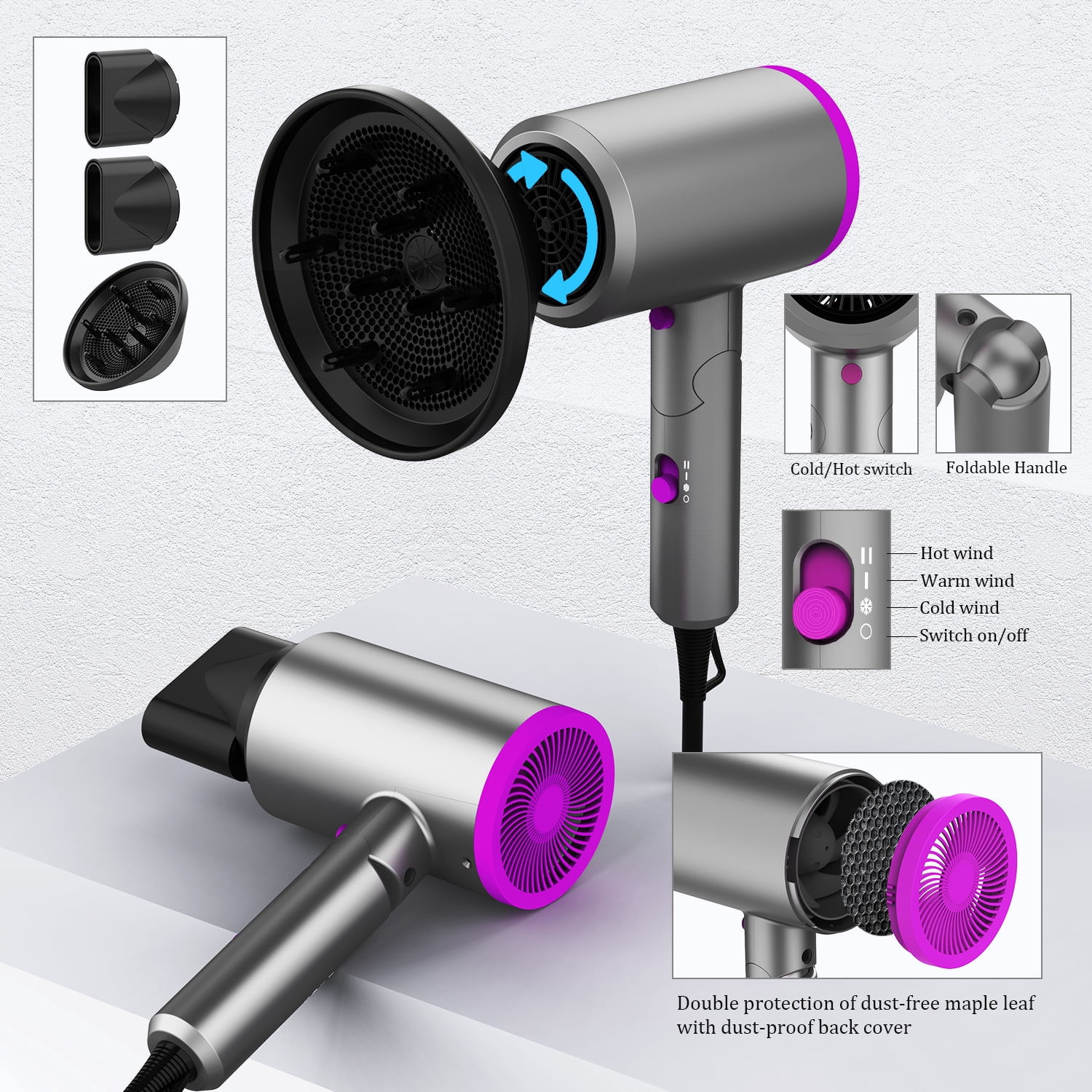 1800W Hair Dryer, Fast Hair Blower with Diffuser & Nozzles, Negative Ionic Blow Dryer for Women with Constant Temperature, Hair Dryer with Ceramic Technology Fasting Drying