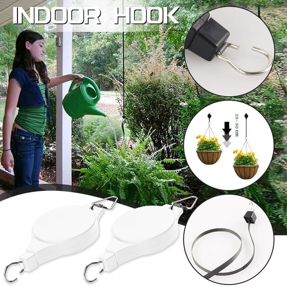Retractable Pull Down Hanger 2 Pack for Hanging Baskets Plant Pots Garden Patio Decor Adjustable Pulley System with Carabiner Hooks