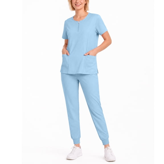 VV AVEORS Scrubs Set Multiple Pockets 1/4 Zip V-Neck Top And Jogger Scrub Pant Nurse Quick Drying - Medical Uniform Women Scrub Set Light Blue XL
