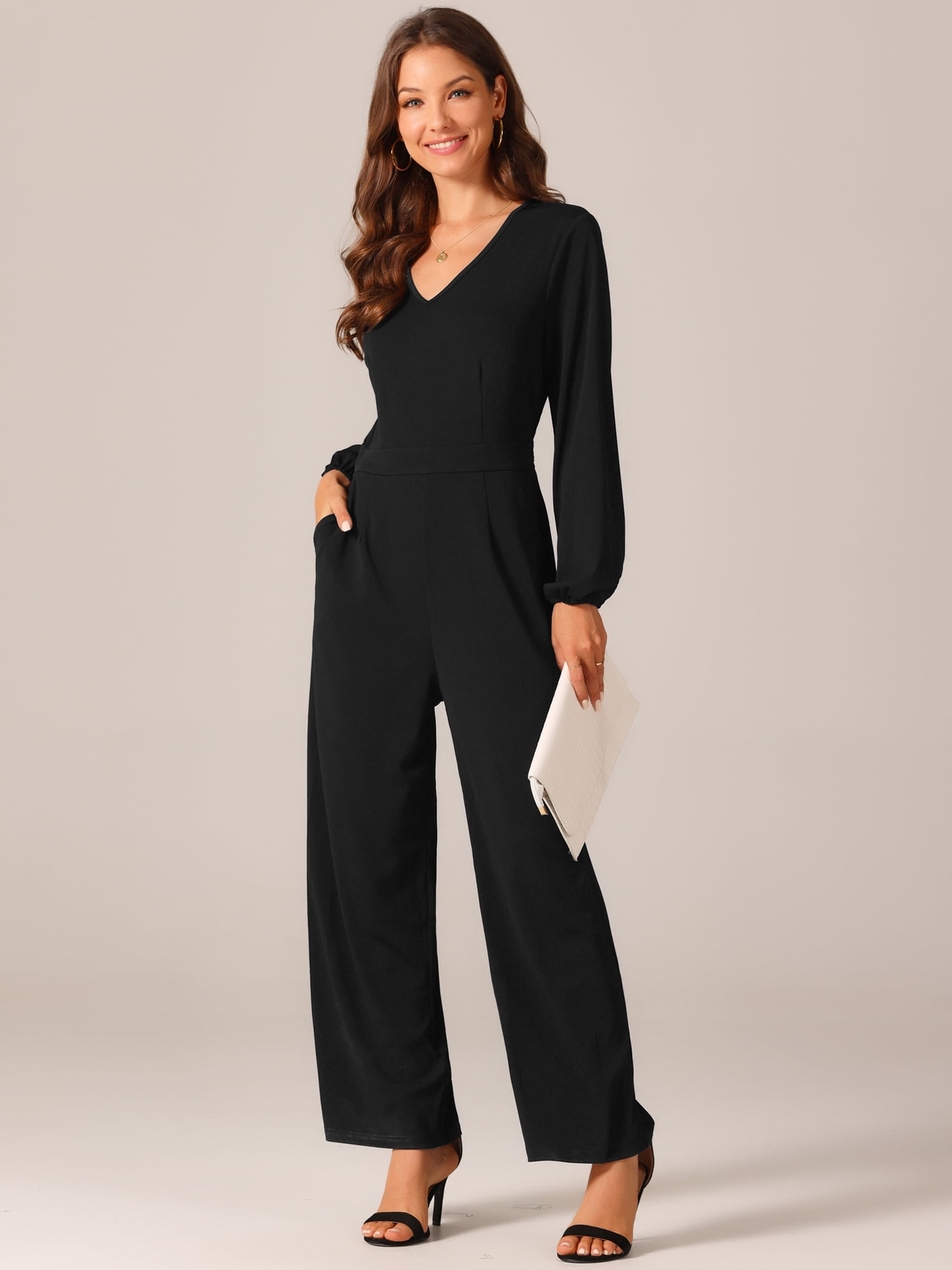 DARING DIVA Women's V Neck Long Sleeve High Waisted Wide Leg Jumpsuits S Black