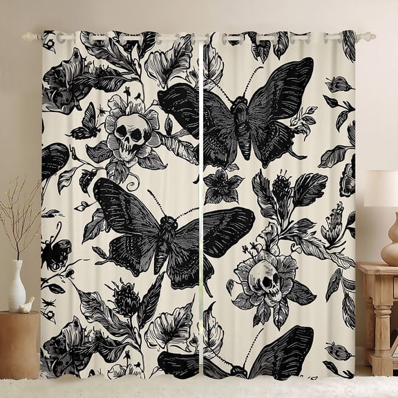 jejeloiu Gothic Moth Skull Black Out Curtains,Vintage Flower Floral Curtains Pack of 2 (42x63 Each),Black Beige Bedroom Curtains For Super Cozy Room Decor