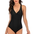 thumbnail image 1 of Traje de baño de playa fruncido para mujer, negro, XXL, elegante traje de baño con escote en V profundo y espalda cruzada, 1 of 8