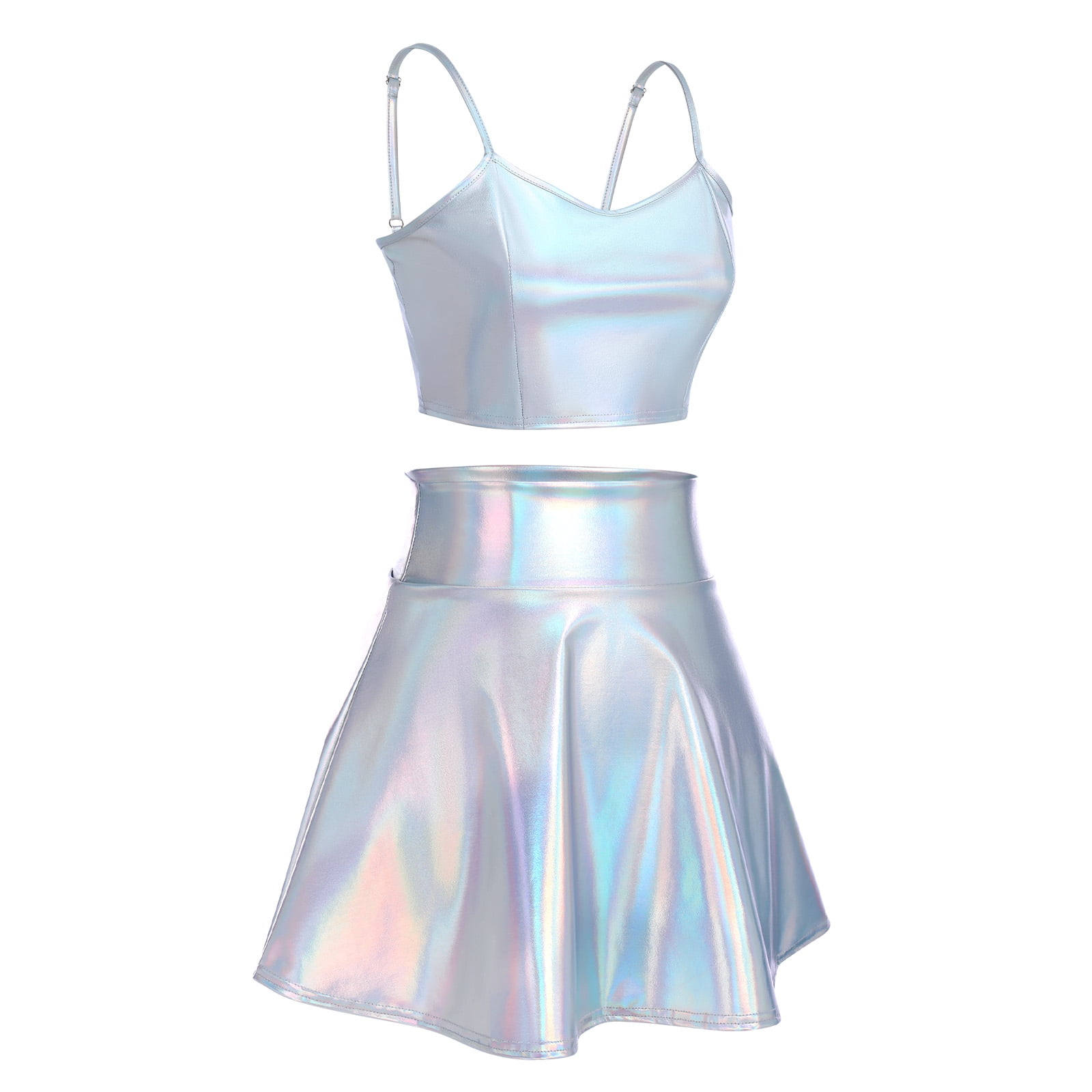 Ibtom Castle Women's 2Piece Metallic Outfit Shiny Off Shoulder Crop Top + Silver Mini Skirt Dress Alien Costume Rave Clubwear XXL Holographic Silver-