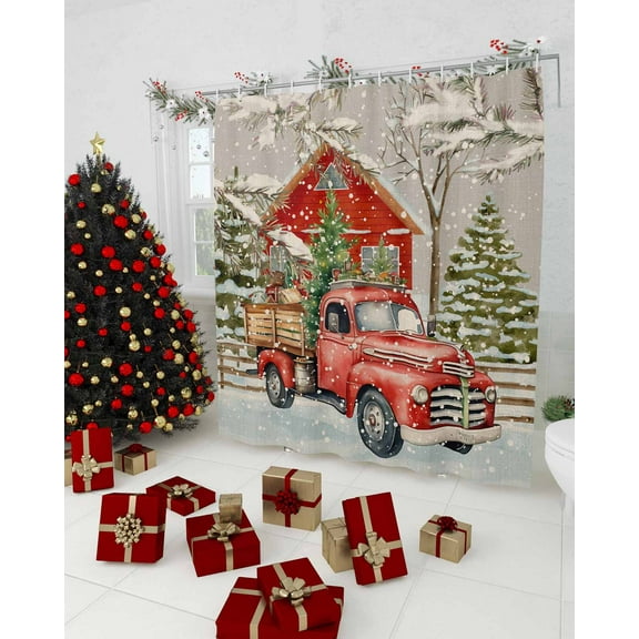 Christmas Truck Shower Curtain, Grey Watercolor Xmas Tree Snowflake Waterproof Washable Boho Funny Cute Shower Curtains Set for Bathroom Farmhouse Bathtubs Decor with Hook, 72"Wx84"L