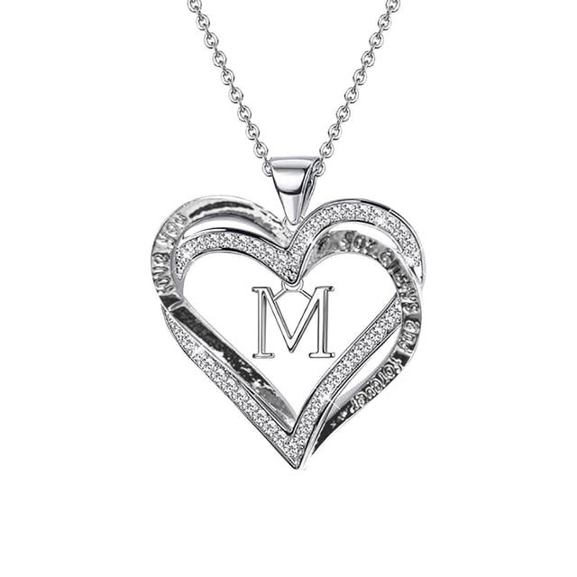 Dpityserensio Ladies Double Heart Diamond Necklace With 26 English Letters Couple Necklace
