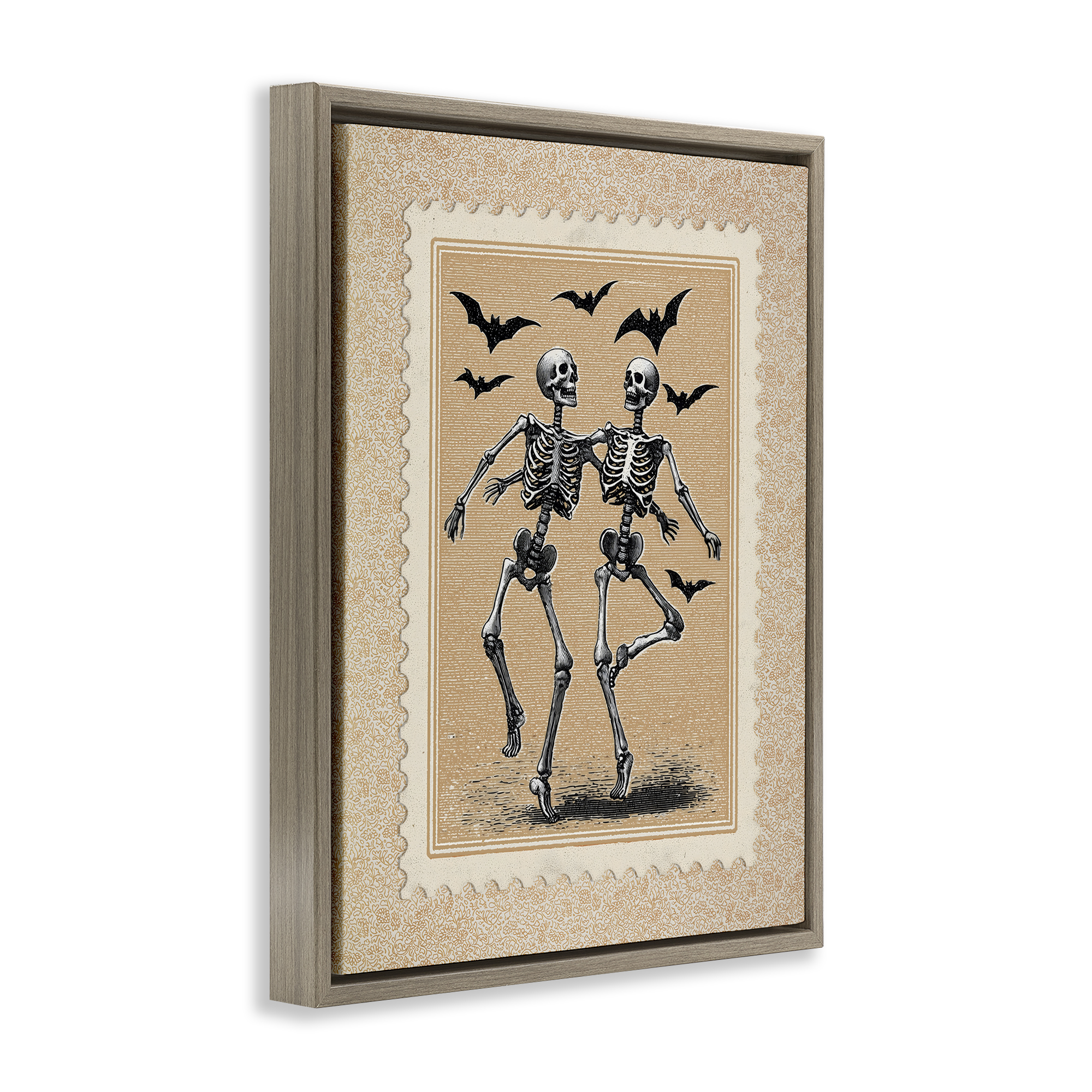 Vintage Dancing Skeletons Stamp Brown Framed Floater Canvas Wall Art, design by Arlington Prints
