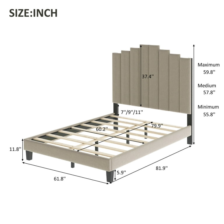 Upholstered Platform Bed with Three-Level Adjustable Headboard, Queen Size  Platform Bed Frame with Sturdy Slat Support Legs Mattress Foundation/No Box  Spring Needed/745LBS Capacity, Dark Grey 