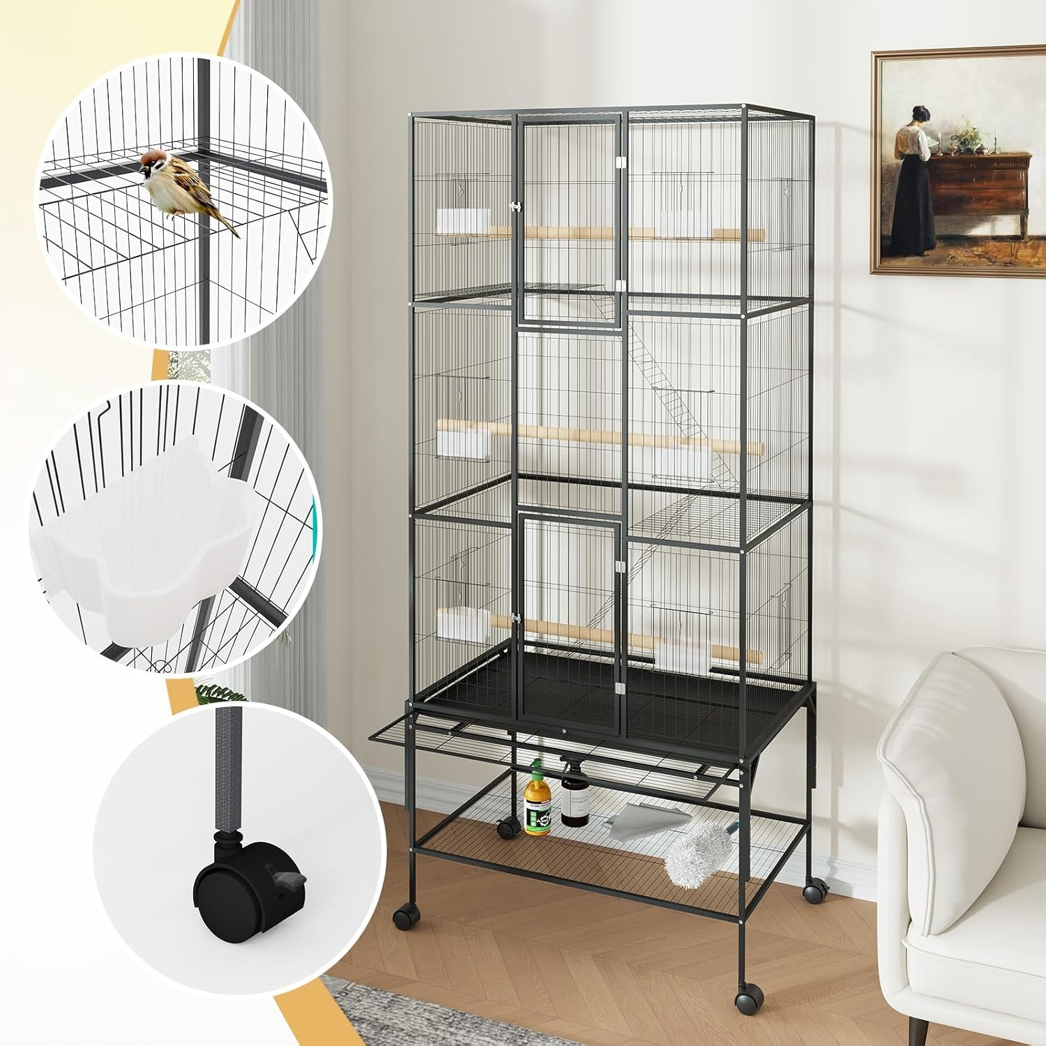 69 Inch Extra Large Wrought Iron Bird Cage for Parrots - Flight Cage with Storage Shelf & Stand, for Cockatiels, Conures, Parakeets, Lovebirds, and Finches