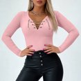 thumbnail image 2 of Sexlip Womens V Neck Long Sleeve Blouse Lace Up Front Design Stretchy Fabric Slim Silhouette for Evening Occasions Pink L, 2 of 6