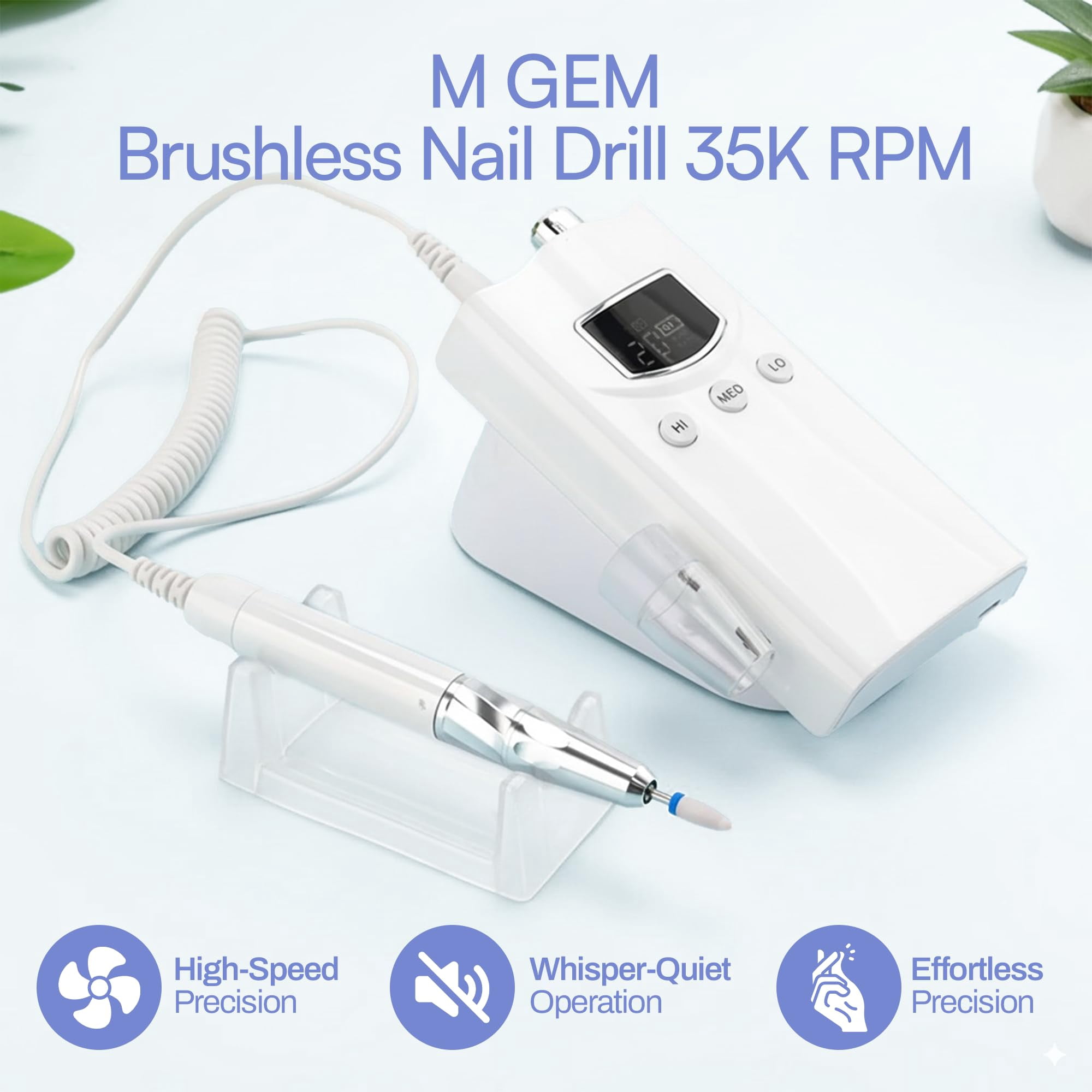 M GEM - Professional Brushless 35k RPM Nail Drill E-File - 3 Adjustable RPM Zones, Forward/Reverse, Long Battery Life - Salon-Grade Nail Care Tool (White)