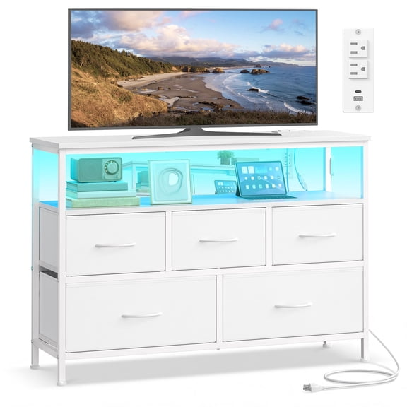 Bedroom Dresser with App‑Controlled LED Lights, Chest of Drawers Featuring 5 Fabric Drawers, Multipurpose Storage Organizer for Home Living Spaces