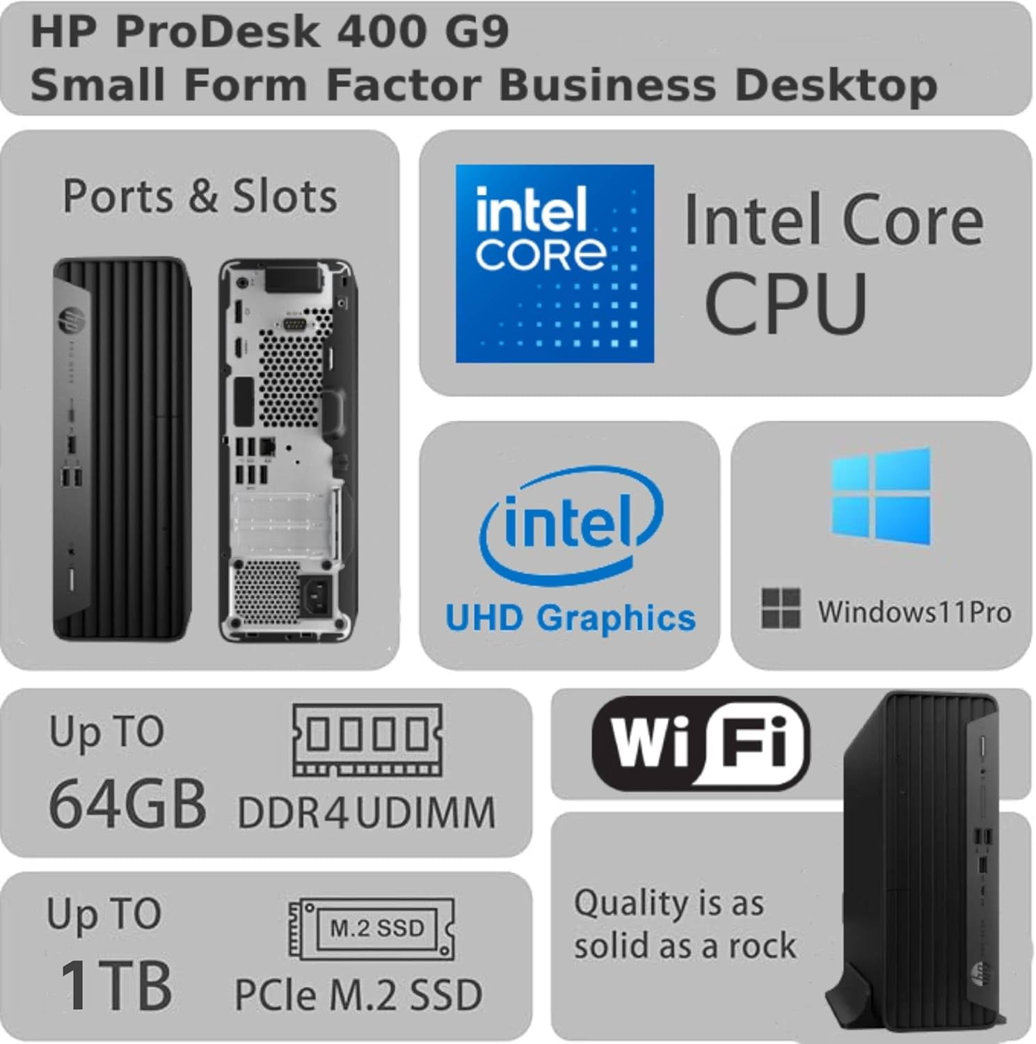 HP Pro 400 G9 SFF Desktop, Intel CPU, 8GB RAM, 256GB SSD, Dual 4K