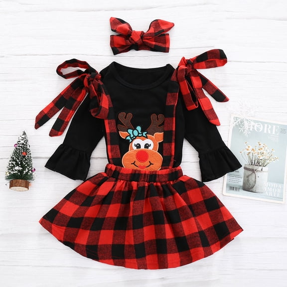 Mercatoo Girls Dresses Size 7 Suit Christmas Long Sleeve Tops and Plaid Suspender Skirts with Headbands Sets