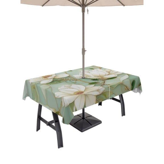 Outdoor Tablecloths with Umbrella Hole & Zipper, Country Flowers 60 x102 Inch Rectangle Tablecloths, Green Magnolia Flowers Rustic Botanical Waterproof Table Cloth, Patio/Pool/Picnic Table Covers