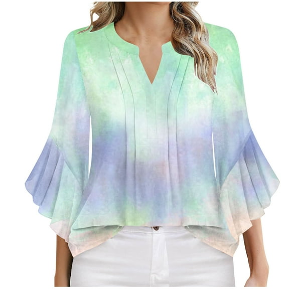 Xixinqiwan Women Tops,Womens Cotton 3/4 Sleeve Tops Spring Summer V Neck Shirts Casual Trendy Women's Blouses Basic Tee Green 2XL