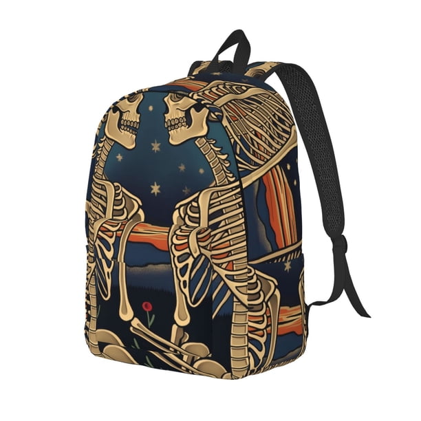 Disketp Romantic Skeletons Under Moon print Canvas Backpack Lightweight Travel Daypack Student Rucksack Laptop Backpack-Medium
