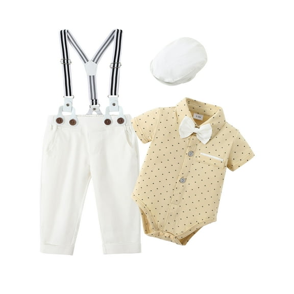 CARETOO Baby Boy Clothes 0-18M Infant Fomal Tuxedo Gentleman Romper Suspender Pants Bowtie Hat Suit
