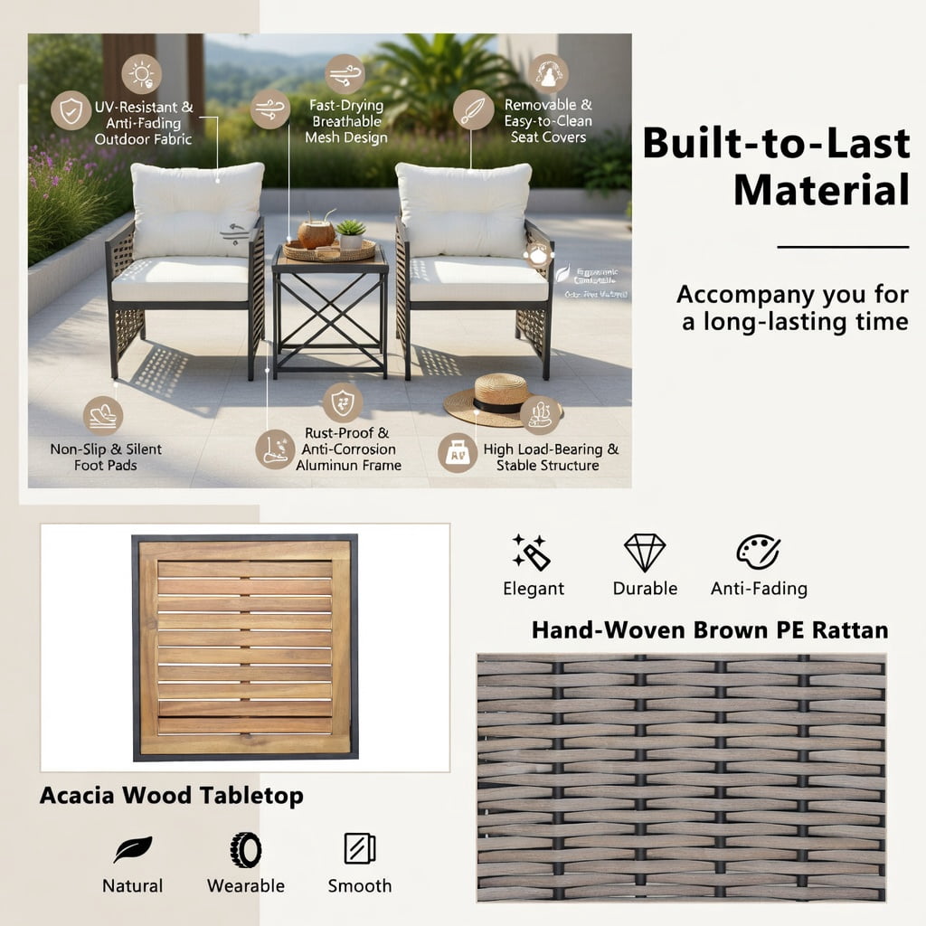 Hommoo 3-Piece Outdoor Rattan Patio Furniture Set, 2 Armchairs + Coffee Table with Acacia Wood Top, Brown PE Rattan & Black Metal Frame, White