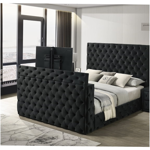 Modern Upholstered Platform Bed with TV Lift and Storage, Queen Size with Velvet Headboard