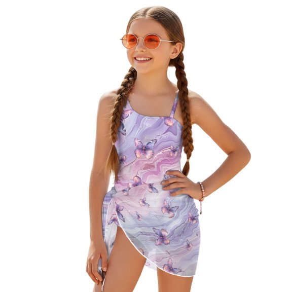 Whosucclay Butterflies Girls Swimsuit, Sun Protection Mesh Cover Up Skirt Girls' One Piece Swimsuit with Cover Up for Pool, 11-12 Years Old