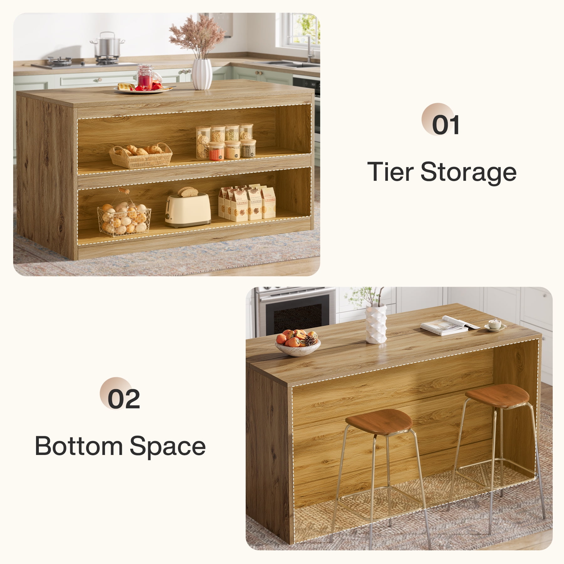Finmind 59-inch Kitchen Island with Storage, 3-Tier Farmhouse Stationary Island Table with Spaciouse Tabletop and Seating Area for Dining Room, Kitchen, Light Wood