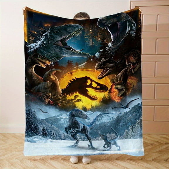 Dinosaur Pattern Flannel Throw Blanket - Soft All-Season Polyester, Vibrant Digital Print with T-Rex & Pterodactyls, Contemporary Mid-Century Style for Bed, Sofa, Camping - Multi-Color Durable Cozy H