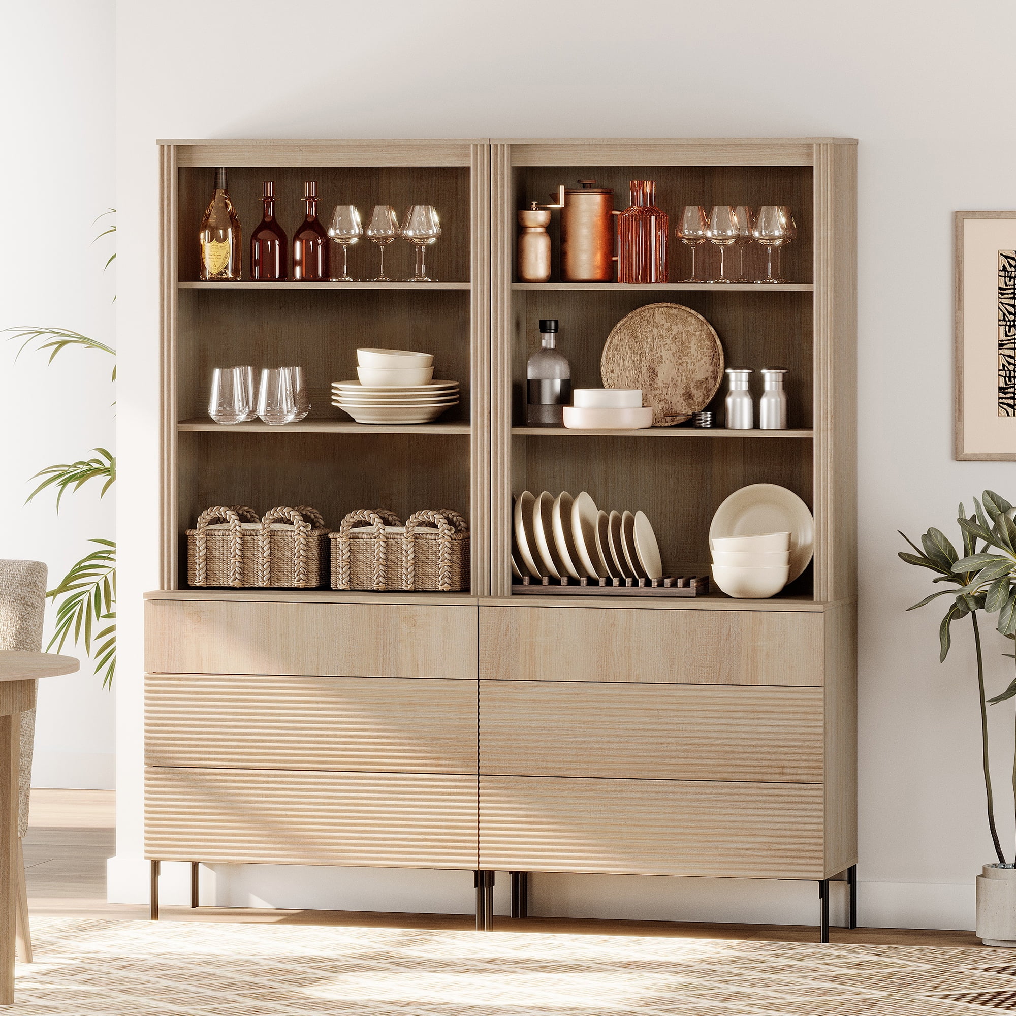 63"W Fluted Kitchen Hutch Sideboard with Adjustable Shelves, Wooden Modern Buffet Hutch Cabinet with 6 Drawers And 6 Tier Shelves