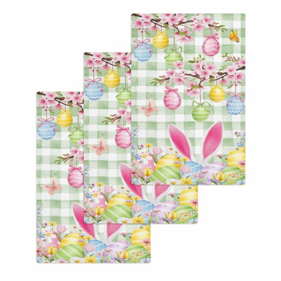 Happy Easter Kitchen Dish Towels for Drying Dishes Set of 3, Spring Bunny Eggs Flower Sage Green Plaid Waffle Weave Microfiber Hand Tea Bathroom Towels Quick Dry & Absorbent Towel 15.7x23.6