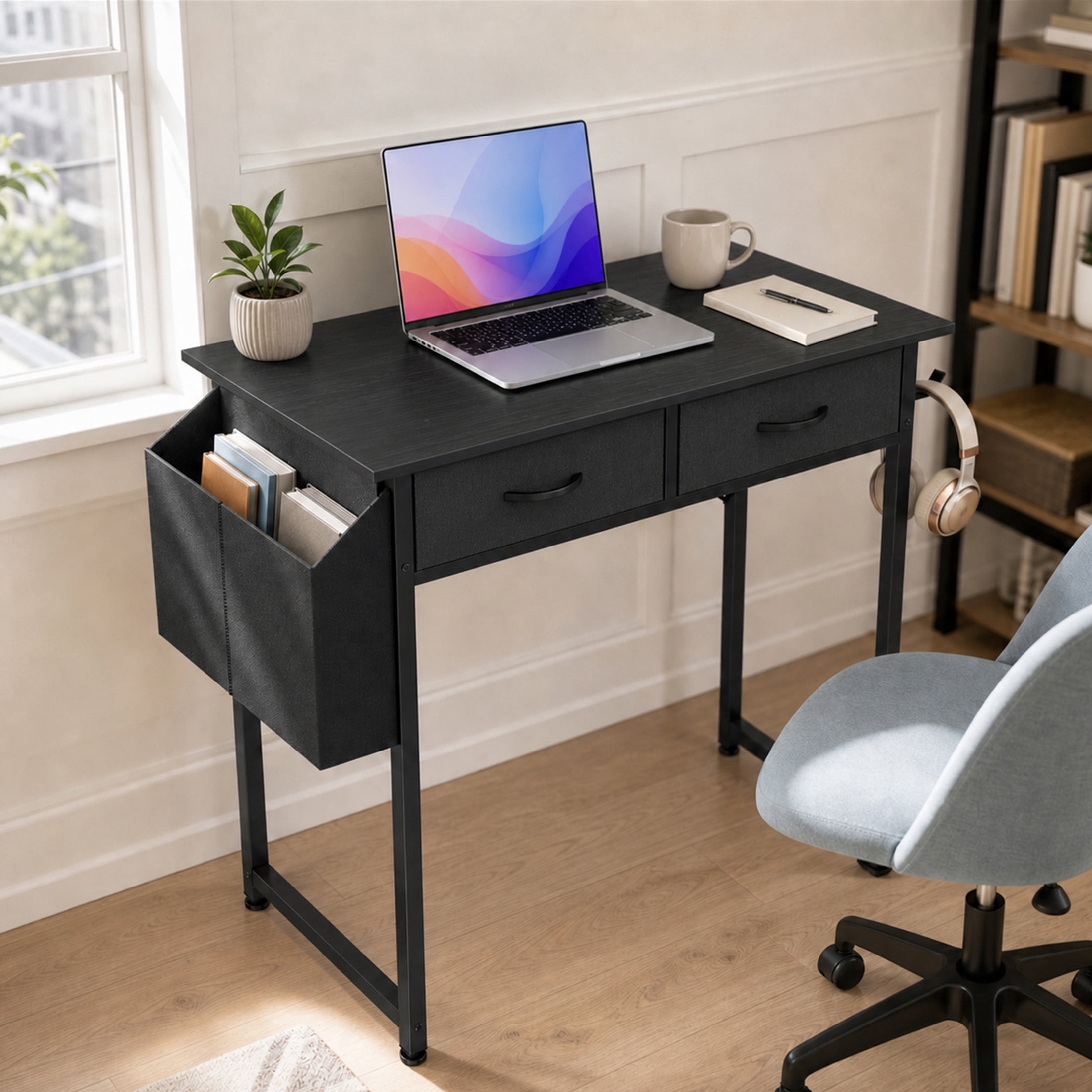 edx Small Desk with Drawers Storage Bag Iron Hook, 32 Inch Computer Desk Modern Gaming Writing Desk Study Table for Home Office, Black