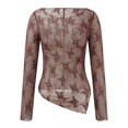 thumbnail image 4 of Lace Mesh Sheer Long Sleeve Tops for Women Layering Floral Embroidery See Through Tee Fitted Tight T Shirts Blouses Brown L, 4 of 9