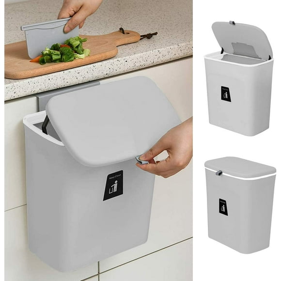 Hanging Trash Can Kitchen Waste Bin Cabinet Bin with Lid for Cabinet Door, Suitable for Kitchen, Bathroom, Toilet, Bedroom, Living Room, Office (Grey)