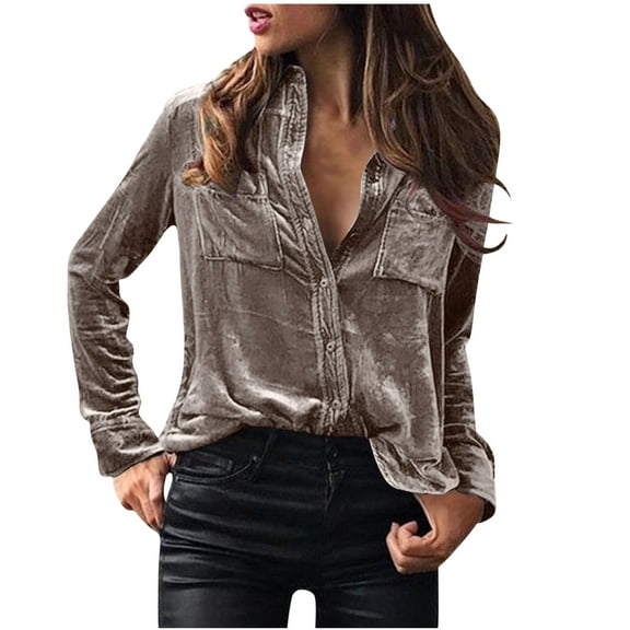 REORIAFEE Women Button Down V Neck Blouses Long Sleeve Solid Color Band Collar Pocket Shirts for Work Office Oversized Relaxed Fit Tops 2024 Clothing Trendy