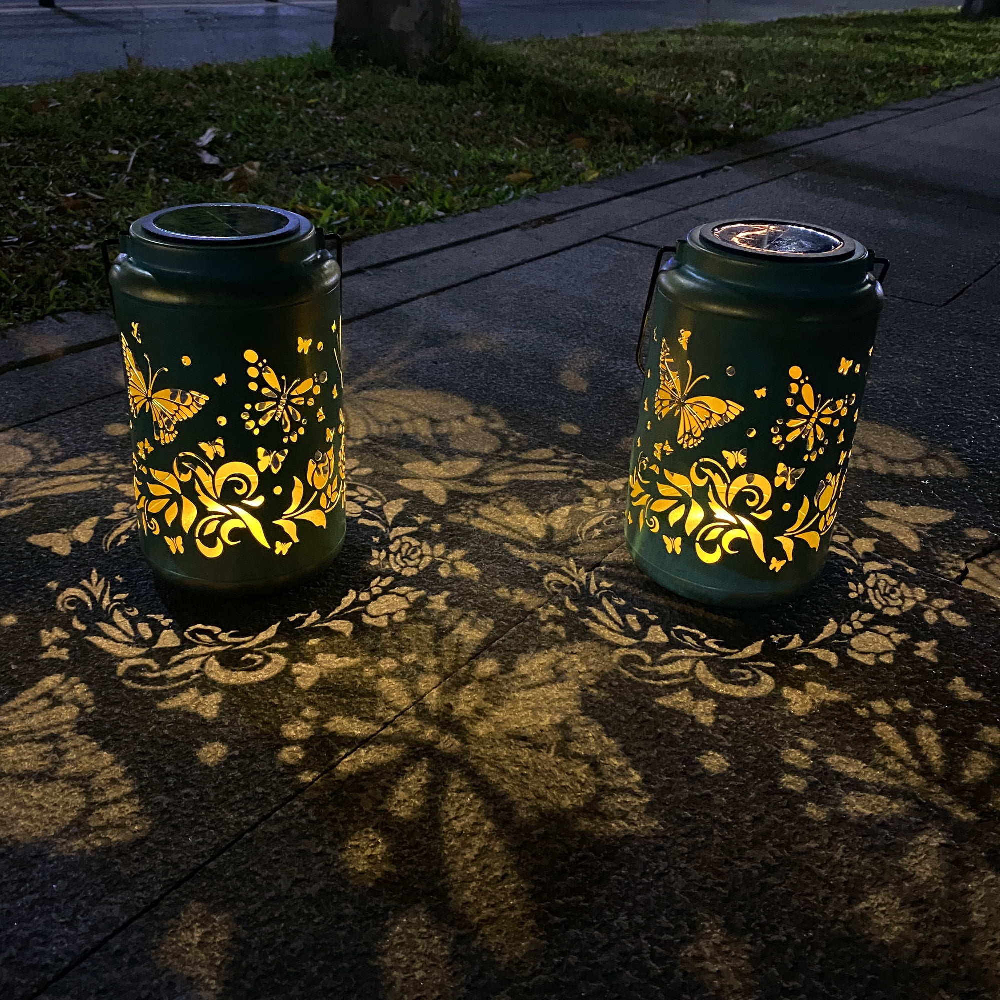 COCOBELA 2 Pack Butterfly Solar Lanterns Outdoor Hanging Metal Decorations Waterproof with LED Light, Landscape Lights for Garden Patio Yard Lawn Backyard Front Porch Gifts for Mom Grandma