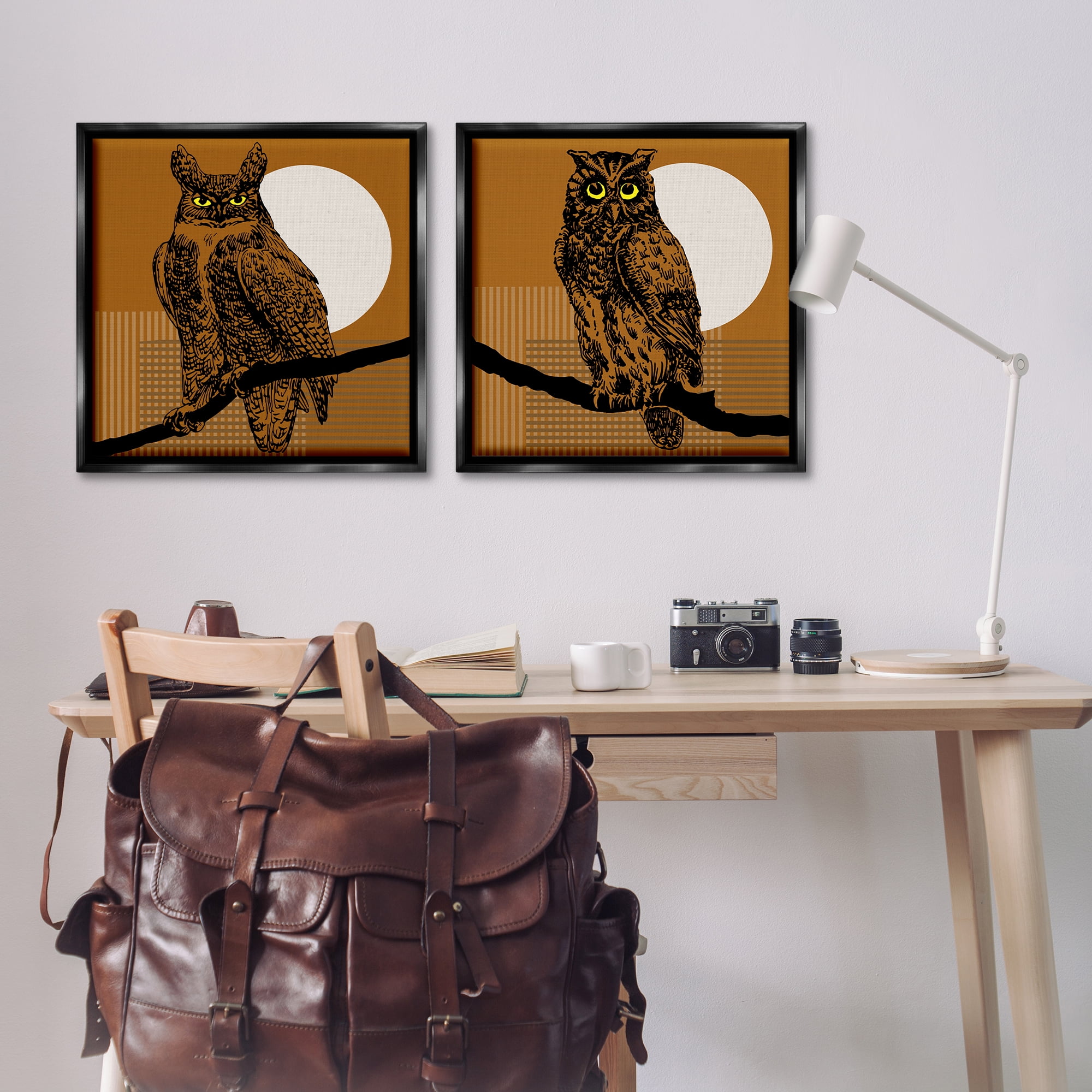 Stupell Industries Full Moon Owls on Branch Animals Painting Black Floater Framed Canvas Art Print Wall Art, 25 x 25, Set of 2